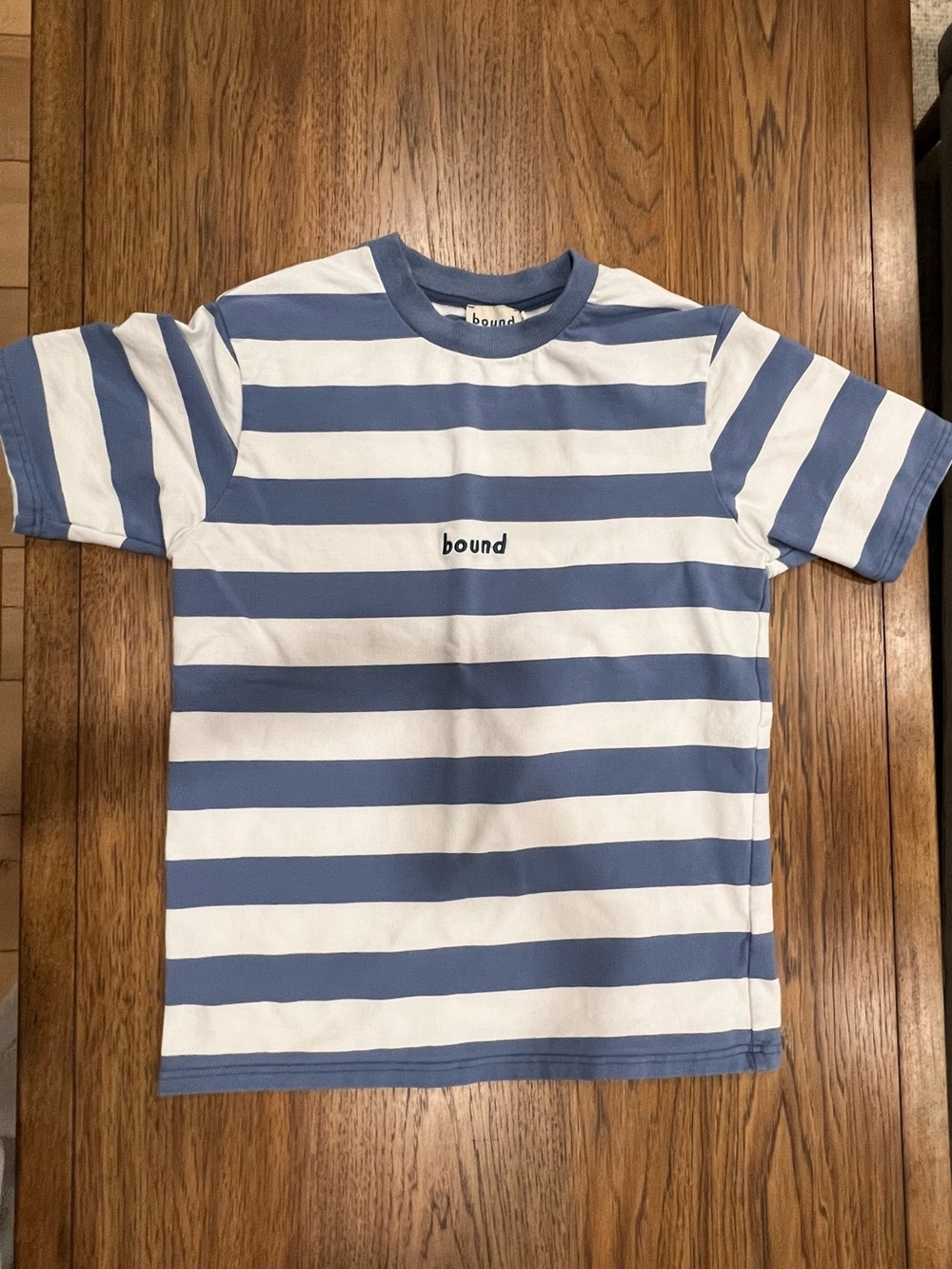 Bound White and Blue Wide-Striped tee
